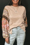 Parchment Contrast Floral Patchwork Puff Sleeve Waffle Knit Top